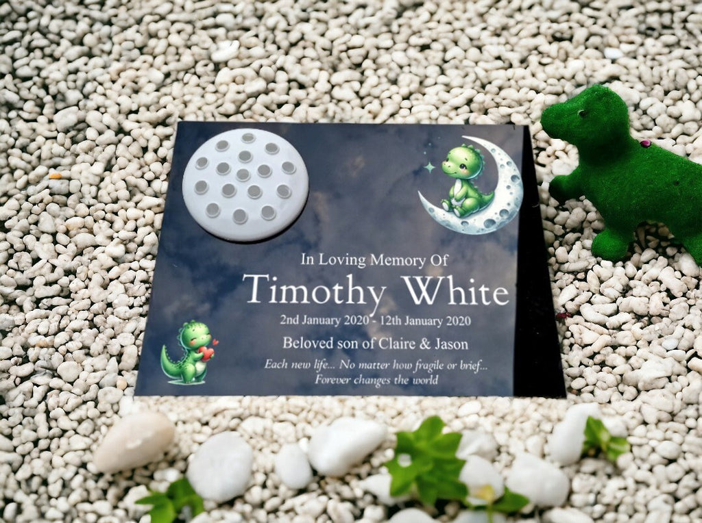 Personalised baby memorial grave marker - Dino design - Temporary headstone, outdoor - Anniversary - Child - Boy - Miscarriage - Angel