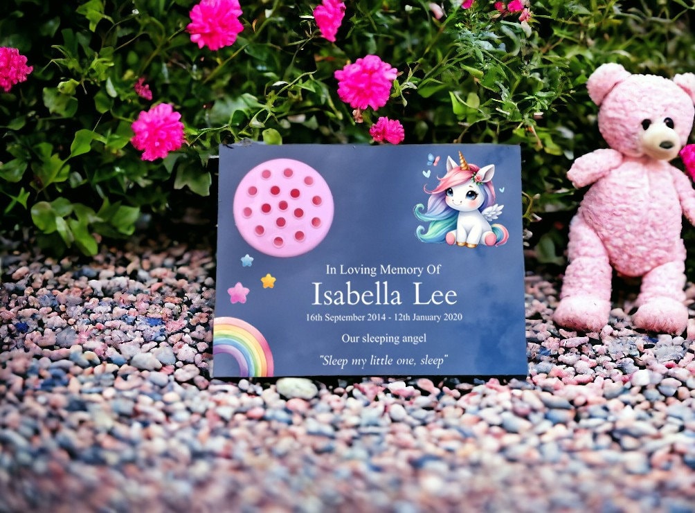 Personalised baby memorial grave marker - Unicorn design - Temporary headstone, outdoor - Anniversary - Child - Girl - Miscarriage - Angel