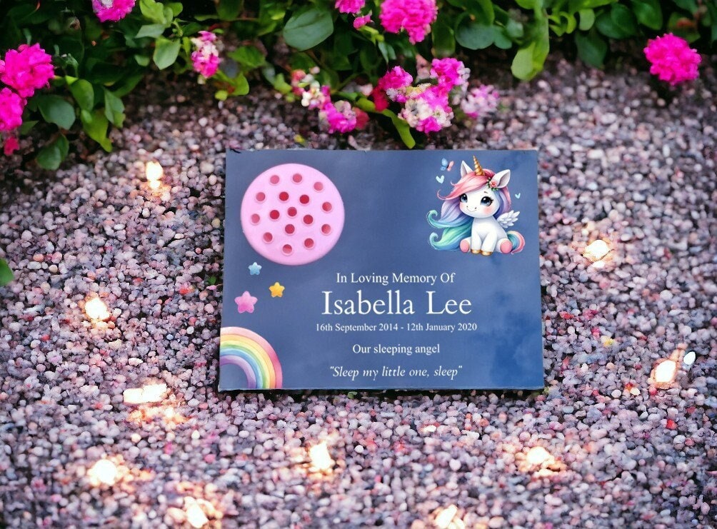 Personalised baby memorial grave marker - Unicorn design - Temporary headstone, outdoor - Anniversary - Child - Girl - Miscarriage - Angel