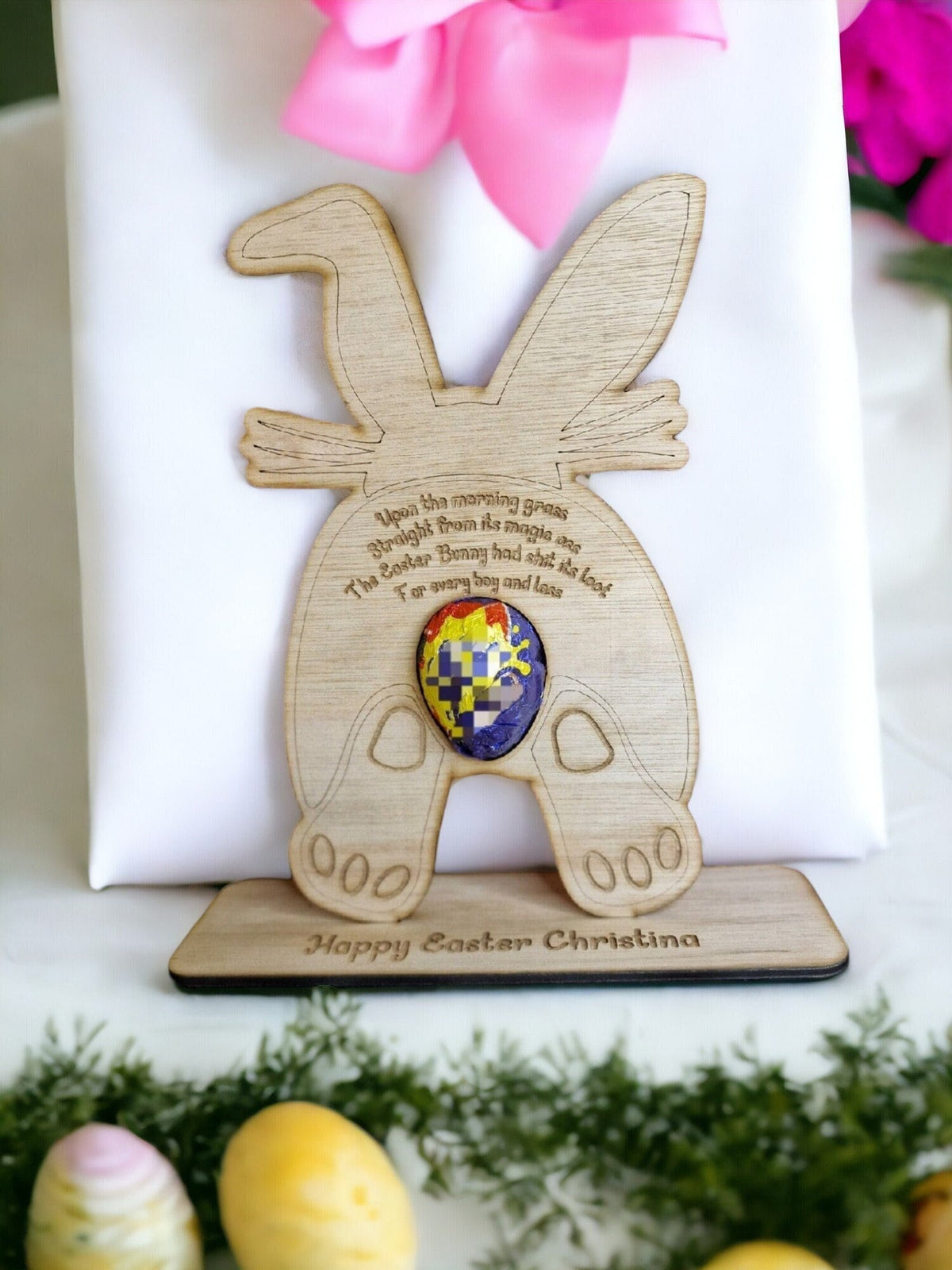 Adult Easter Gift!! Personalised Novelty bunny egg holder! Funny, prank, joke, stand, valentines day, birthday present, hen, stag, poem, poo