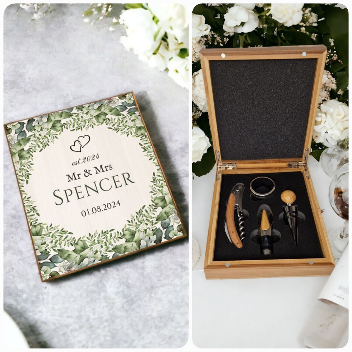 Personalised Mr & Mrs - Wedding - Wine Sommelier Set -Kit - Gift - Valentines - 5th Wood Anniversary - Bottle Opener - Wine - Prosecco