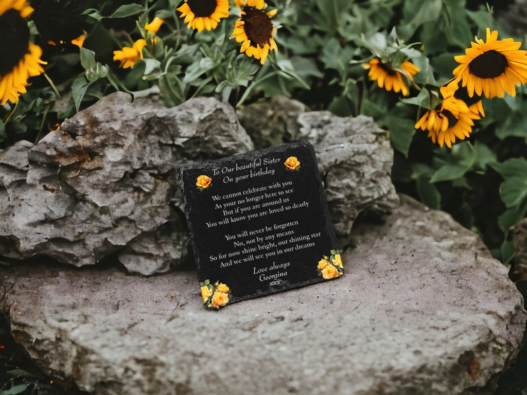 Personalised Yellow Rose Memorial grave marker - memorial slate - Indoor - Outdoor - Garden - Caravan - Grave side - Candle Display - Gift