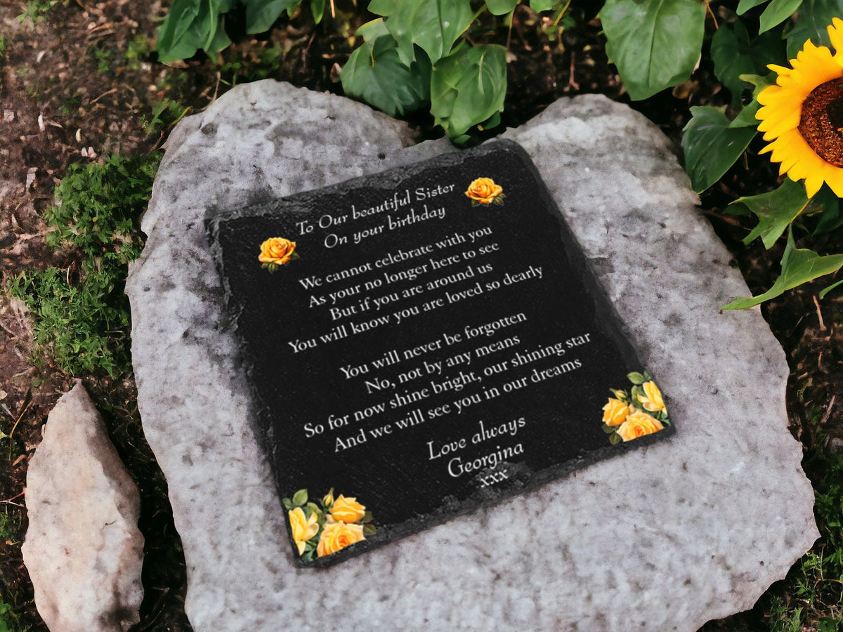 Personalised Yellow Rose Memorial grave marker - memorial slate - Indoor - Outdoor - Garden - Caravan - Grave side - Candle Display - Gift