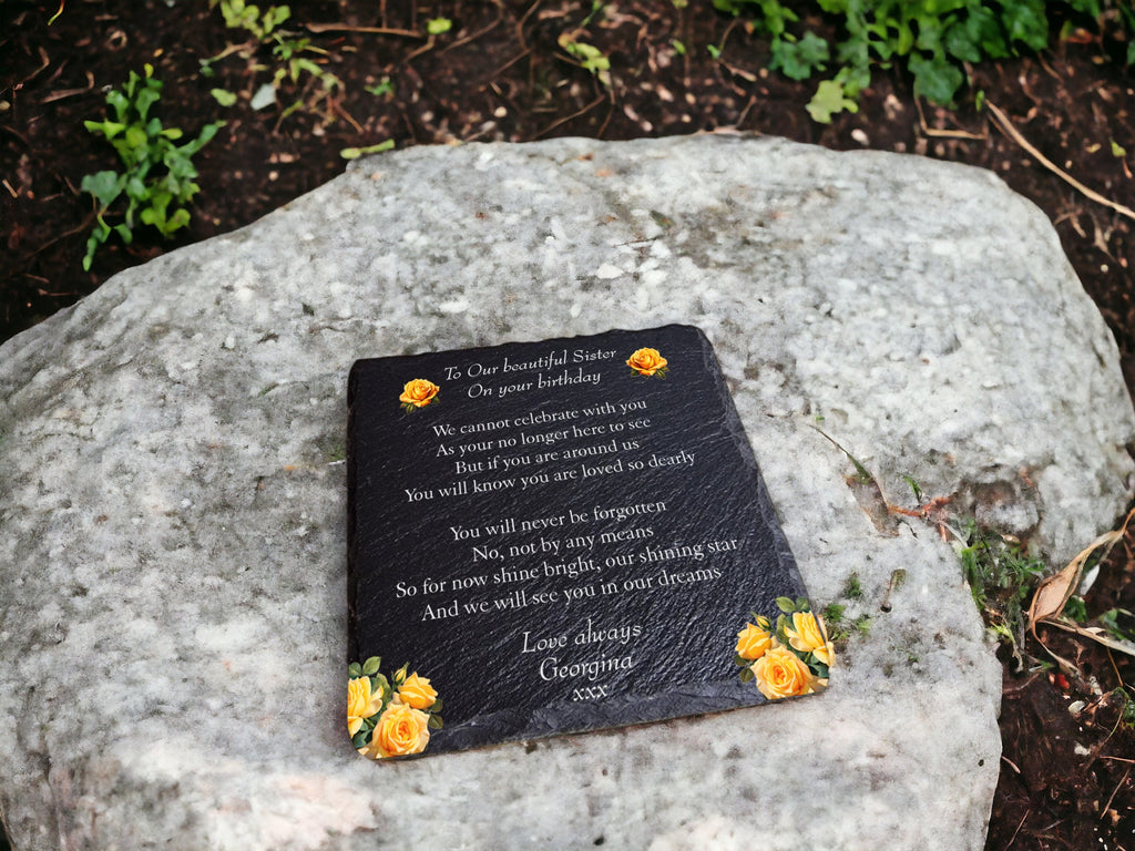 Personalised Yellow Rose Memorial grave marker - memorial slate - Indoor - Outdoor - Garden - Caravan - Grave side - Candle Display - Gift