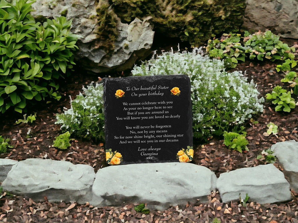 Personalised Yellow Rose Memorial grave marker - memorial slate - Indoor - Outdoor - Garden - Caravan - Grave side - Candle Display - Gift