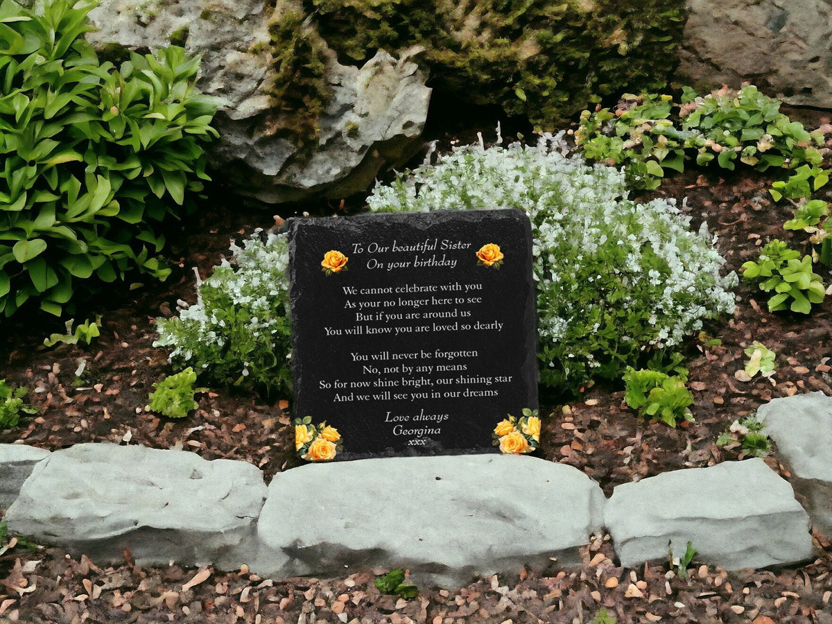 Personalised Yellow Rose Memorial grave marker - memorial slate - Indoor - Outdoor - Garden - Caravan - Grave side - Candle Display - Gift