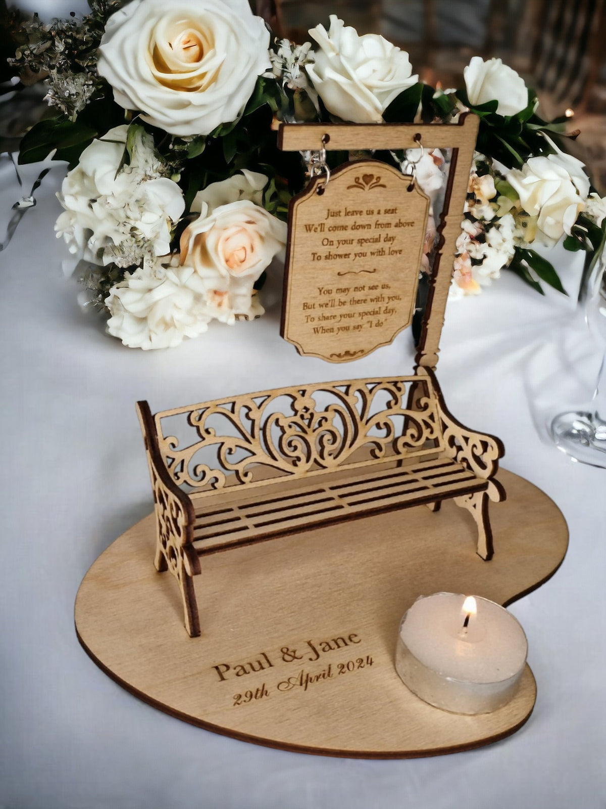 Personalised Wedding Memorial Centrepiece Candle Display - Bench - Save a seat - Wedding Decor - Bride - Groom - Keepsake - Remembrance