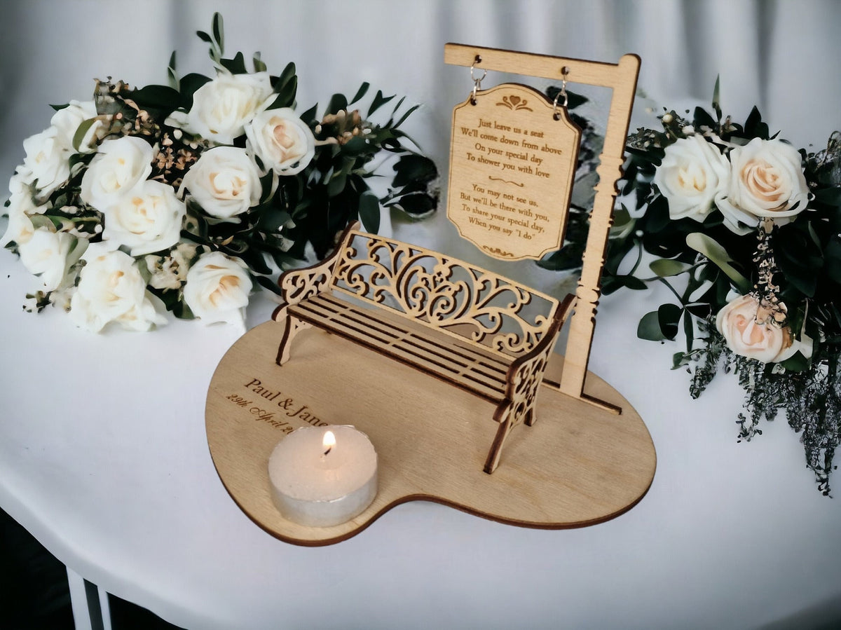 Personalised Wedding Memorial Centrepiece Candle Display - Bench - Save a seat - Wedding Decor - Bride - Groom - Keepsake - Remembrance