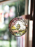 Glass Diamond Cut edge Japanese SunCatcher Ornament - Bauble - Decoration - Stocking filler - Stained Glass - Gift - Present - Pagoda - Koi