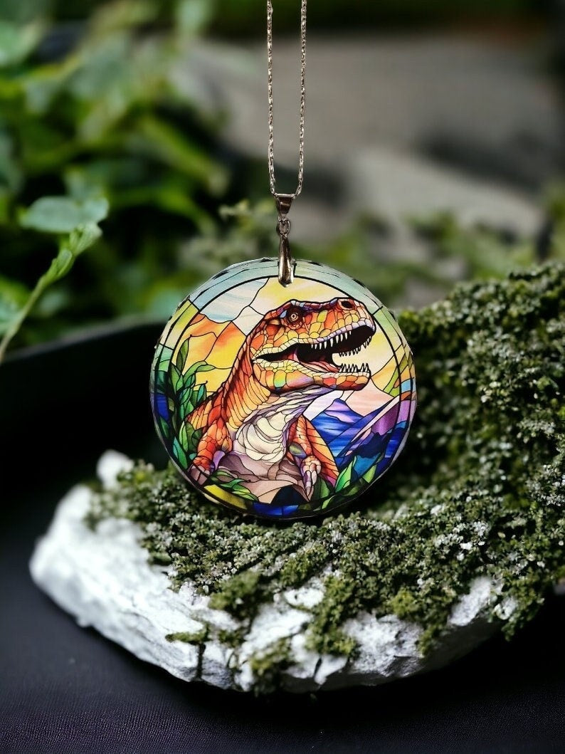 Glass Diamond Cut edge Dinosaur Hanging SunCatcher Ornament - Bauble - Decoration - Stocking filler - Stained Glass - Gift - Present
