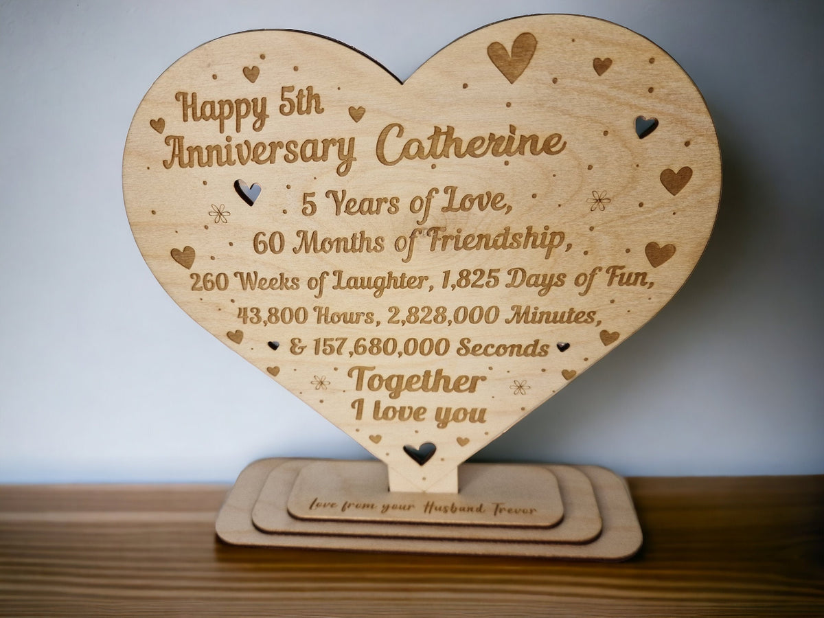 Personalised wooden ornament - 5 year anniversary - wedding - Present - Wood - family - Decoration - Unique - Bespoke - 5th - Husband - Wife