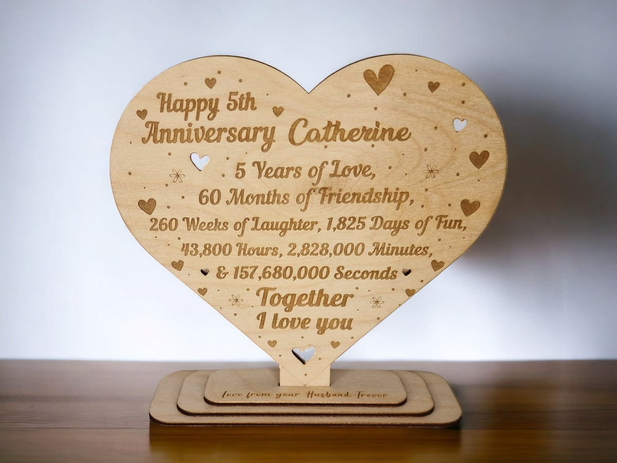 Personalised wooden ornament - 5 year anniversary - wedding - Present - Wood - family - Decoration - Unique - Bespoke - 5th - Husband - Wife