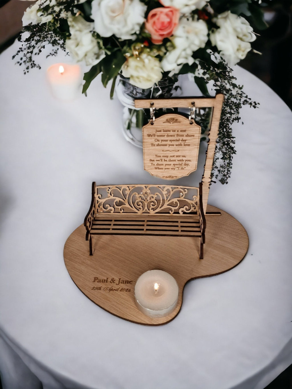 Personalised Wedding Memorial Centrepiece Candle Display - Bench - Save a seat - Wedding Decor - Bride - Groom - Keepsake - Remembrance