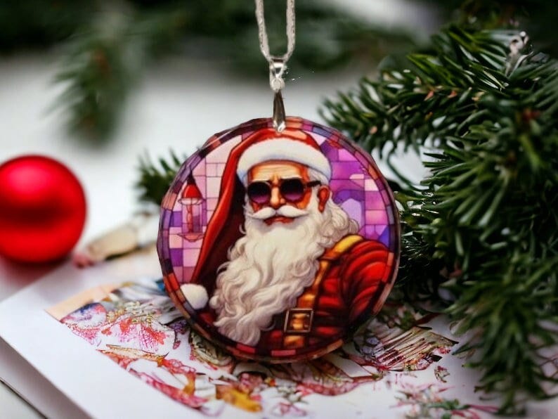 Glass Diamond Cut edge Santa SunCatcher Ornament - Bauble - Decoration - Stocking filler - Stained Glass - Gift - Present - Church