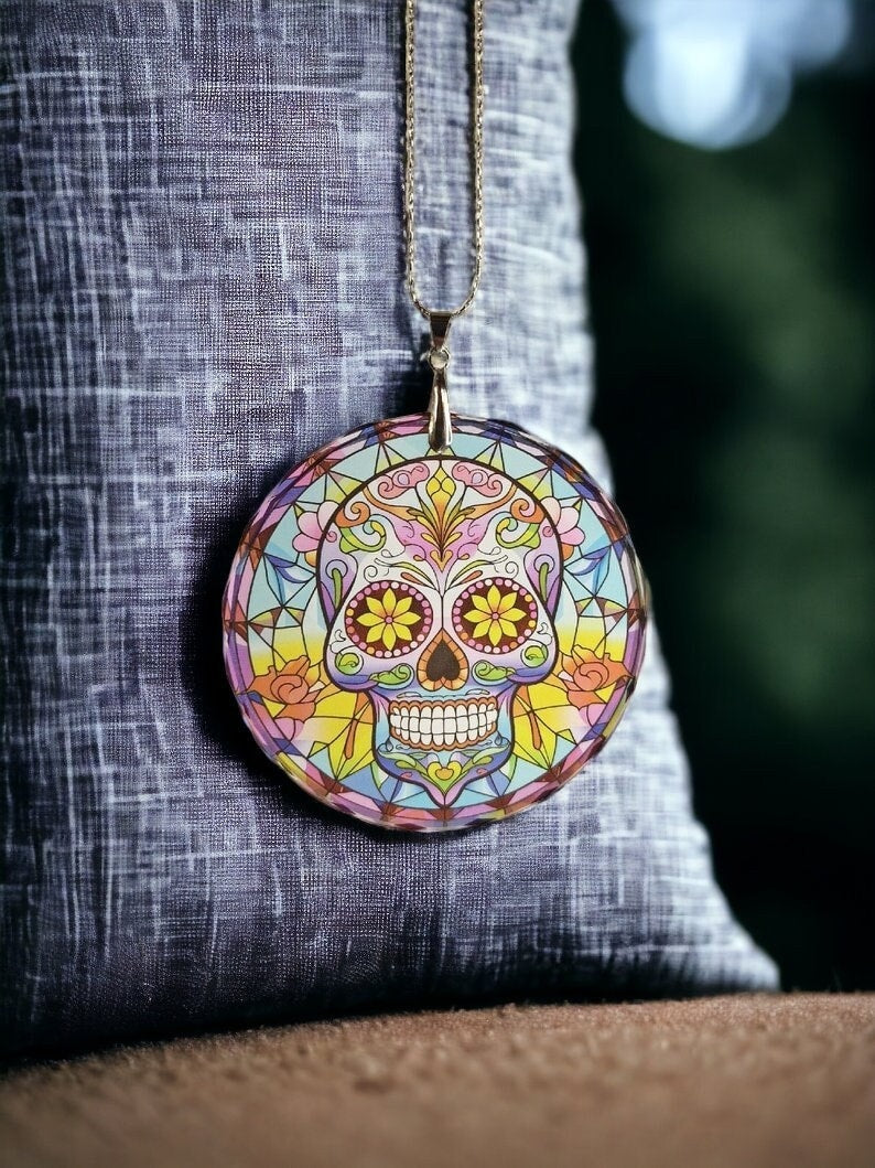 Glass Diamond Cut edge Sugar Skull SunCatcher Ornament - Bauble - Decoration - Stocking filler - Stained Glass - Gift - Present - Rainbow