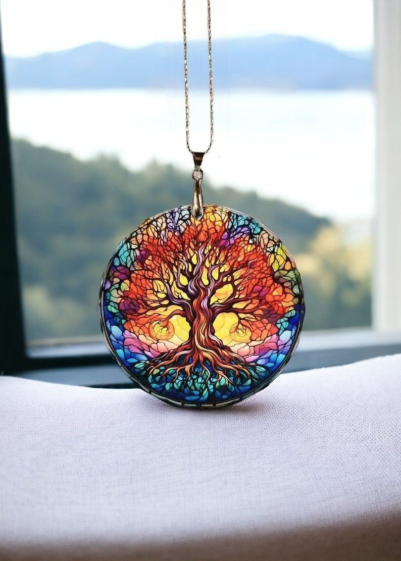 Glass Diamond Cut edge Tree Of Life Hanging SunCatcher Ornament - Bauble - Decoration - Stocking filler - Stained Glass - Gift - Present