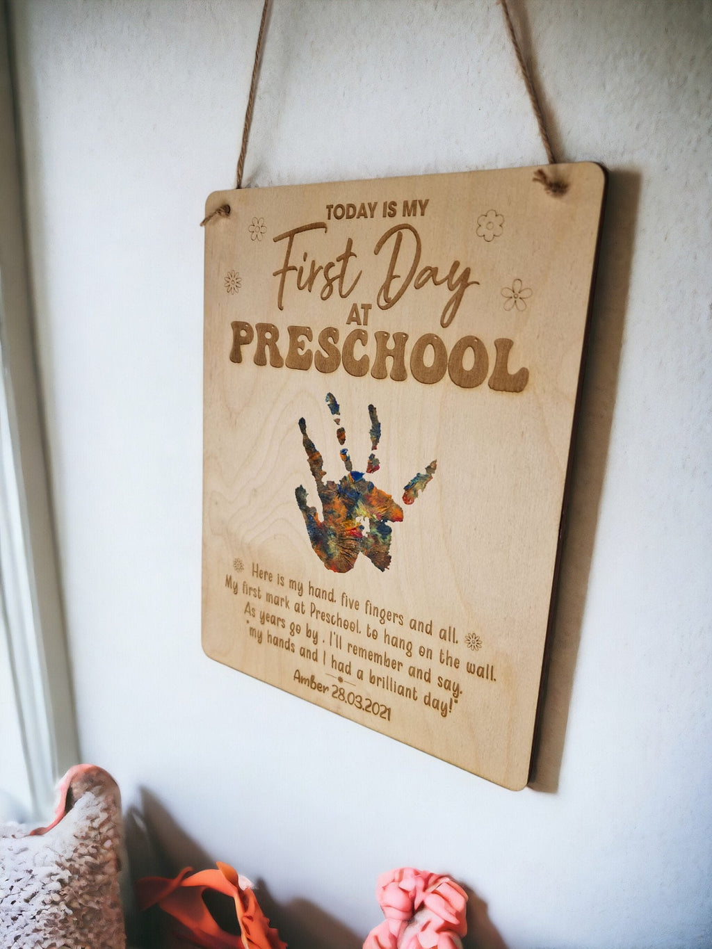 Personalised Preschool Handprint sign - Perfect keepsake - Frame - Unique - Bespoke - Paint - memory - Fathers day - Home decor - Unique