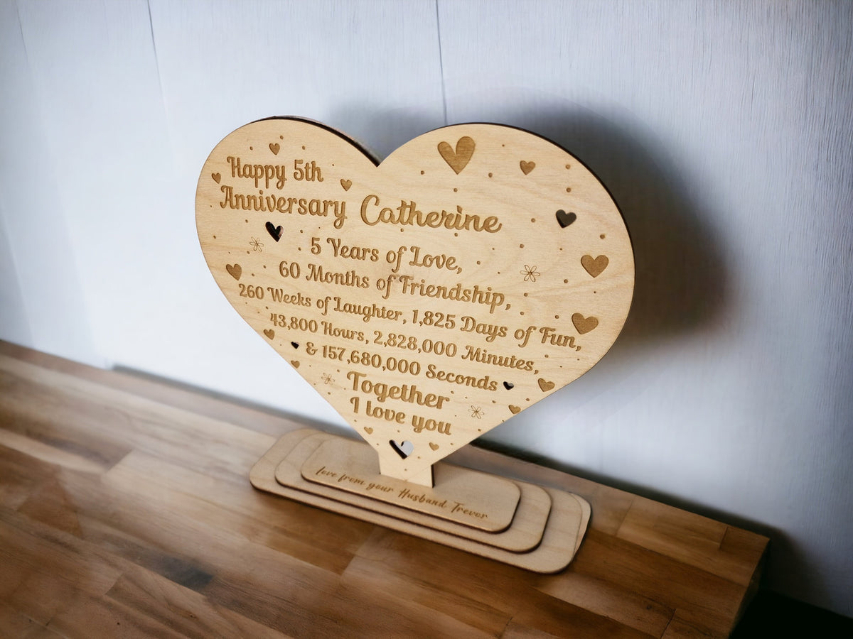 Personalised wooden ornament - 5 year anniversary - wedding - Present - Wood - family - Decoration - Unique - Bespoke - 5th - Husband - Wife