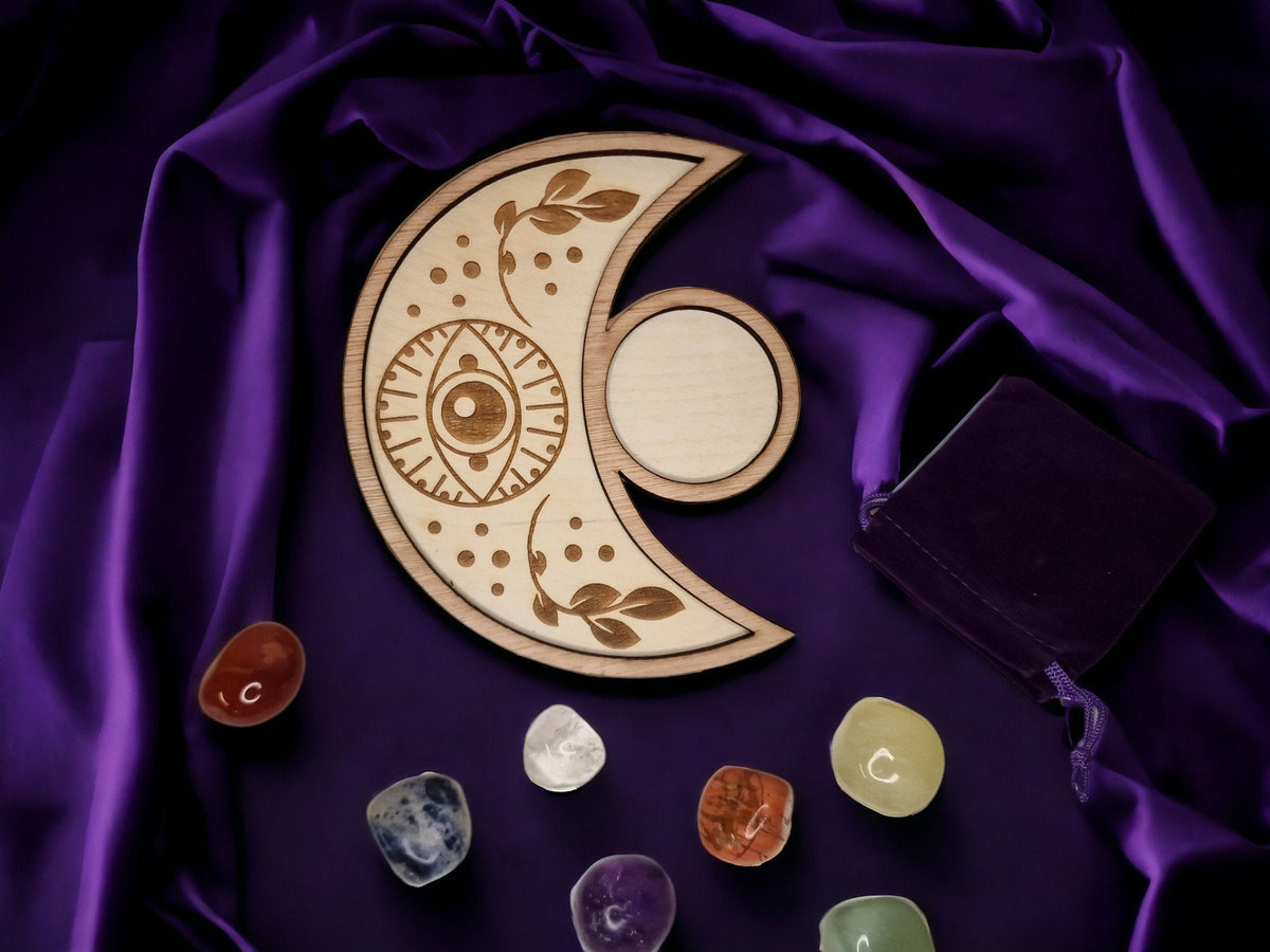 Crystal tray Trinket candle display - Tarot - Pentagram - Ouija - Fortune - Sun and Moon - Spiritualist - Witchy - Wiccan - Healing - Pagan