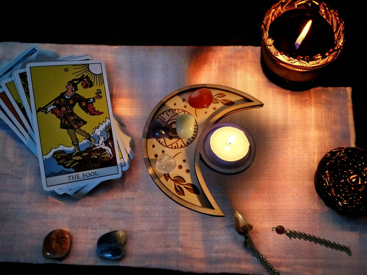 Crystal tray Trinket candle display - Tarot - Pentagram - Ouija - Fortune - Sun and Moon - Spiritualist - Witchy - Wiccan - Healing - Pagan