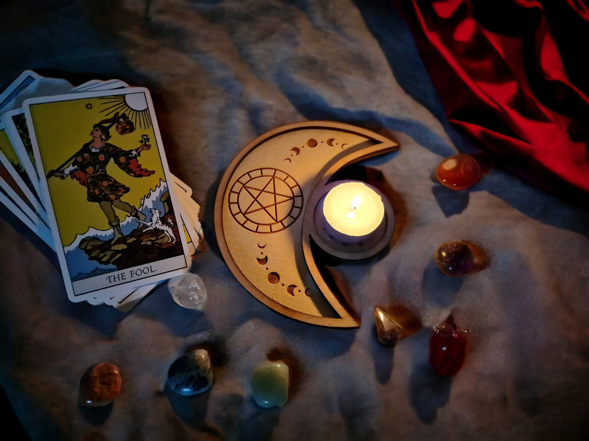 Crystal tray Trinket candle display - Tarot - Pentagram - Ouija - Fortune - Sun and Moon - Spiritualist - Witchy - Wiccan - Healing - Pagan