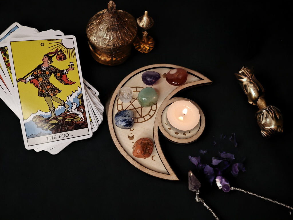 Crystal tray Trinket candle display - Tarot - Pentagram - Ouija - Fortune - Sun and Moon - Spiritualist - Witchy - Wiccan - Healing - Pagan