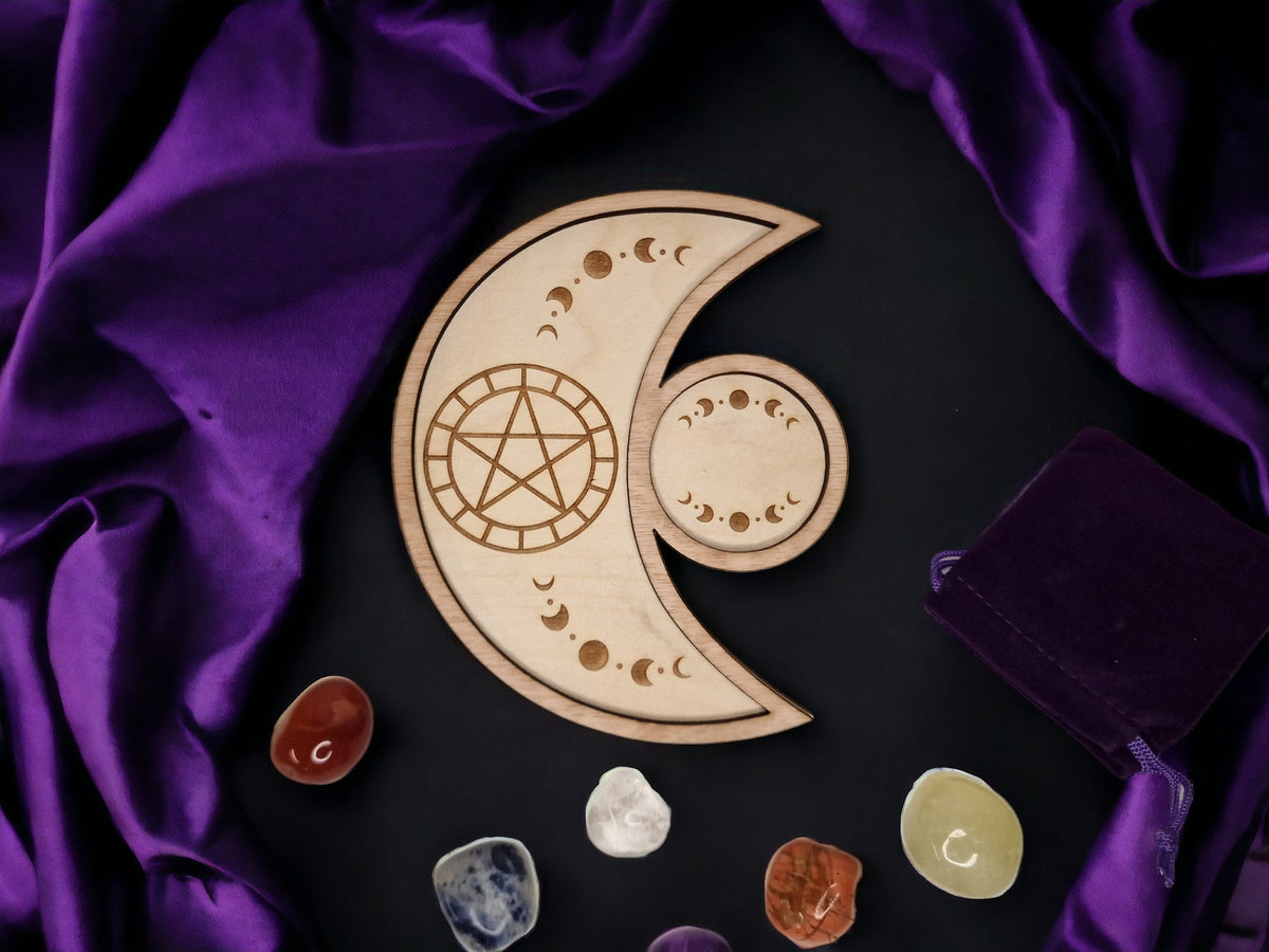 Crystal tray Trinket candle display - Tarot - Pentagram - Ouija - Fortune - Sun and Moon - Spiritualist - Witchy - Wiccan - Healing - Pagan