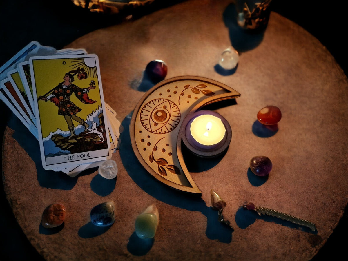 Crystal tray Trinket candle display - Tarot - Pentagram - Ouija - Fortune - Sun and Moon - Spiritualist - Witchy - Wiccan - Healing - Pagan