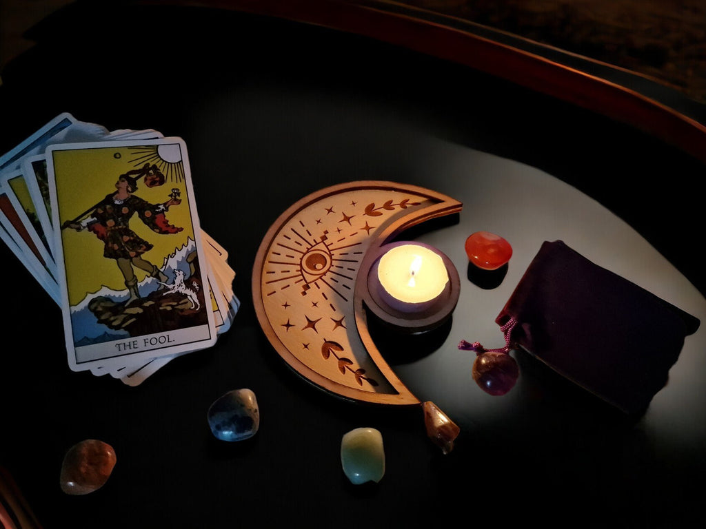 Crystal tray Trinket candle display - Tarot - Pentagram - Ouija - Fortune - Sun and Moon - Spiritualist - Witchy - Wiccan - Healing - Pagan