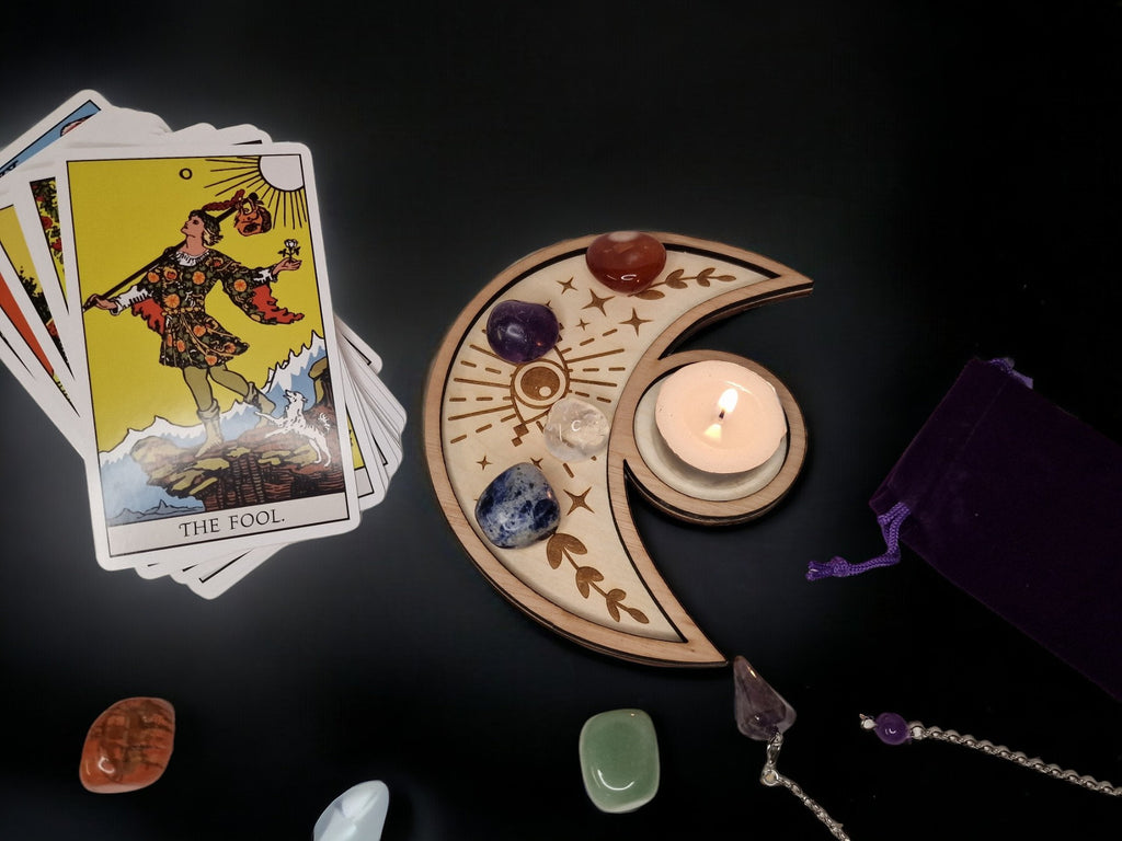 Crystal tray Trinket candle display - Tarot - Pentagram - Ouija - Fortune - Sun and Moon - Spiritualist - Witchy - Wiccan - Healing - Pagan