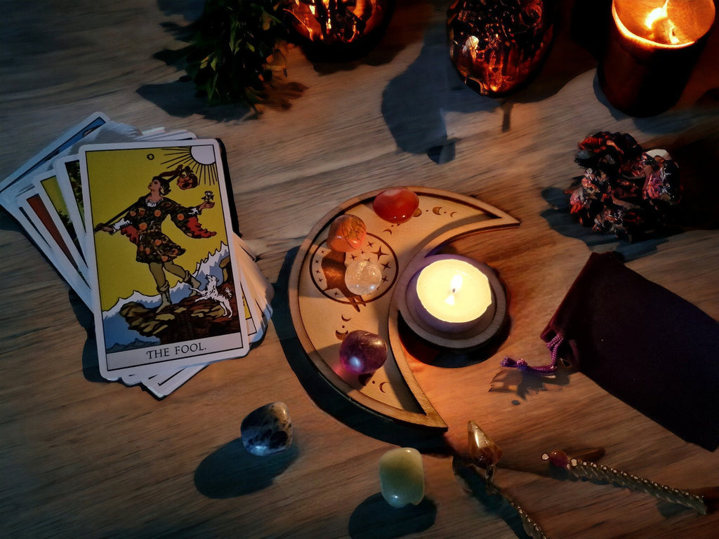 Crystal tray Trinket candle display - Tarot - Pentagram - Ouija - Fortune - Sun and Moon - Spiritualist - Witchy - Wiccan - Healing - Pagan