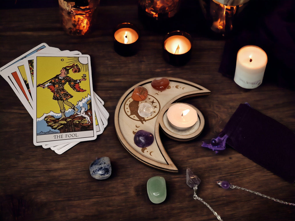 Crystal tray Trinket candle display - Tarot - Pentagram - Ouija - Fortune - Sun and Moon - Spiritualist - Witchy - Wiccan - Healing - Pagan