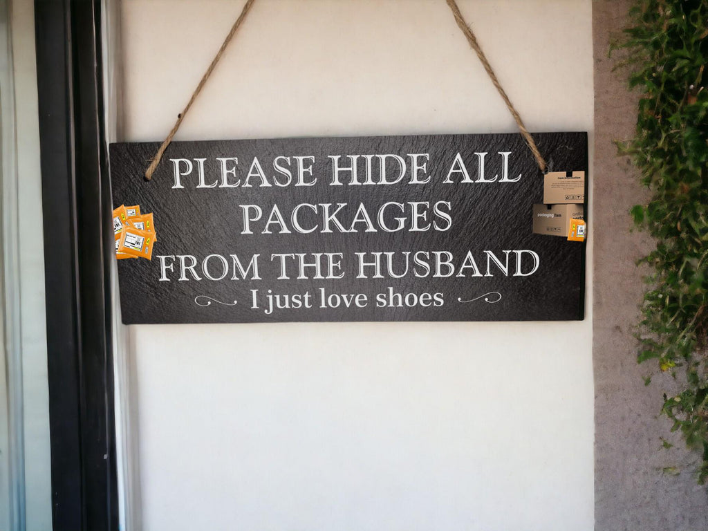 Personalised Parcel Sign decoration - Printed onto high quality Welsh slate - Fun home gift - House warming - Your wording - Amazon - Plaque