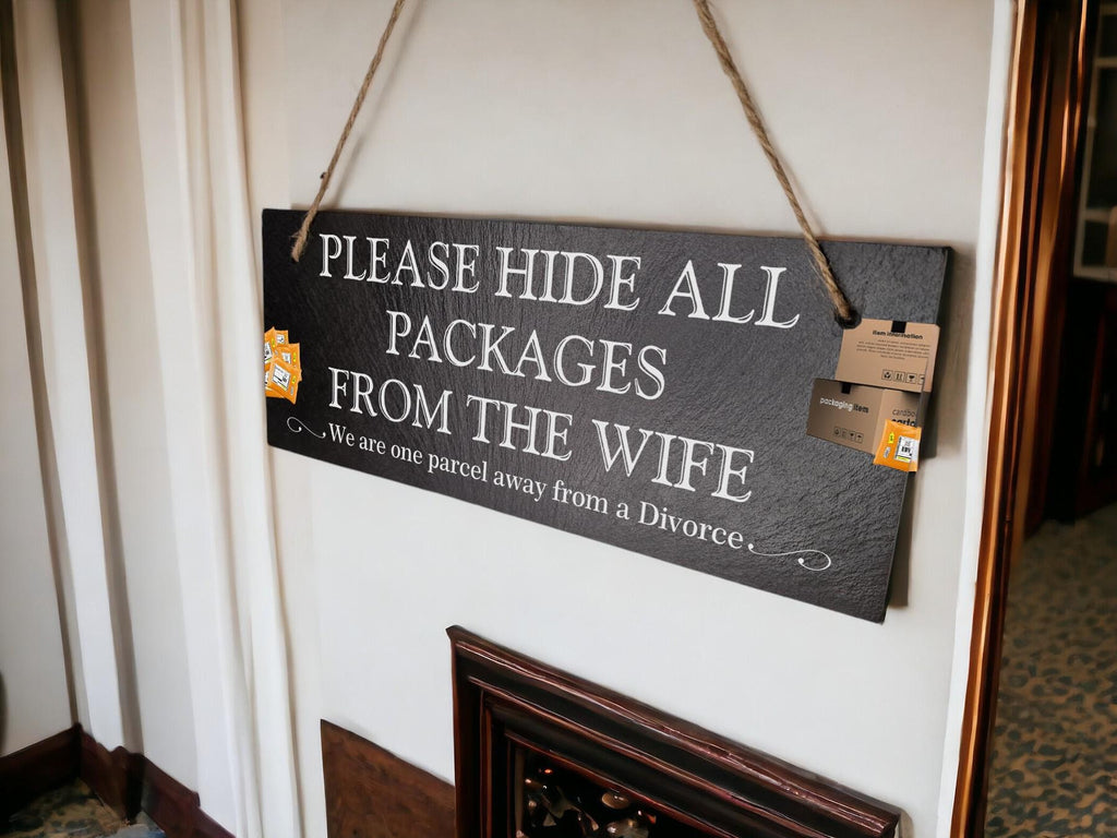 Personalised Parcel Sign decoration - Printed onto high quality Welsh slate - Fun home gift - House warming - Your wording - Amazon - Plaque