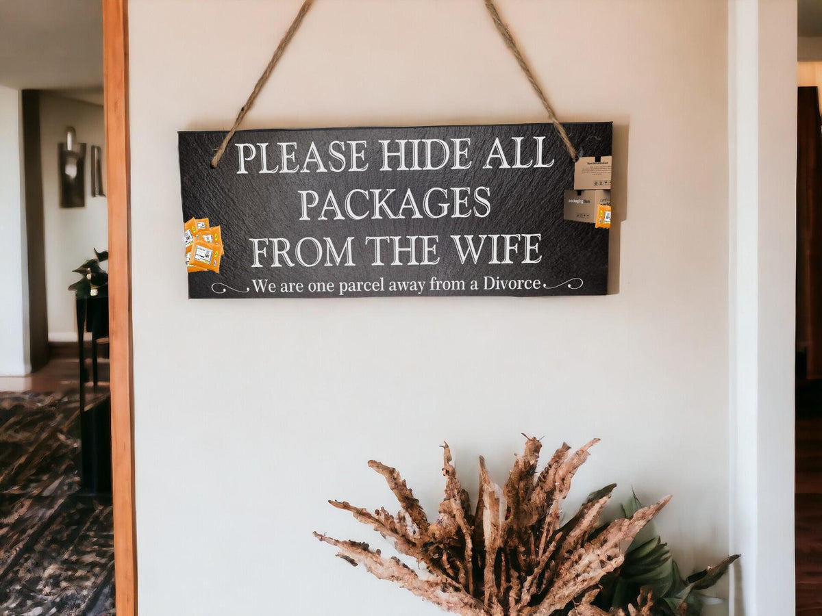 Personalised Parcel Sign decoration - Printed onto high quality Welsh slate - Fun home gift - House warming - Your wording - Amazon - Plaque