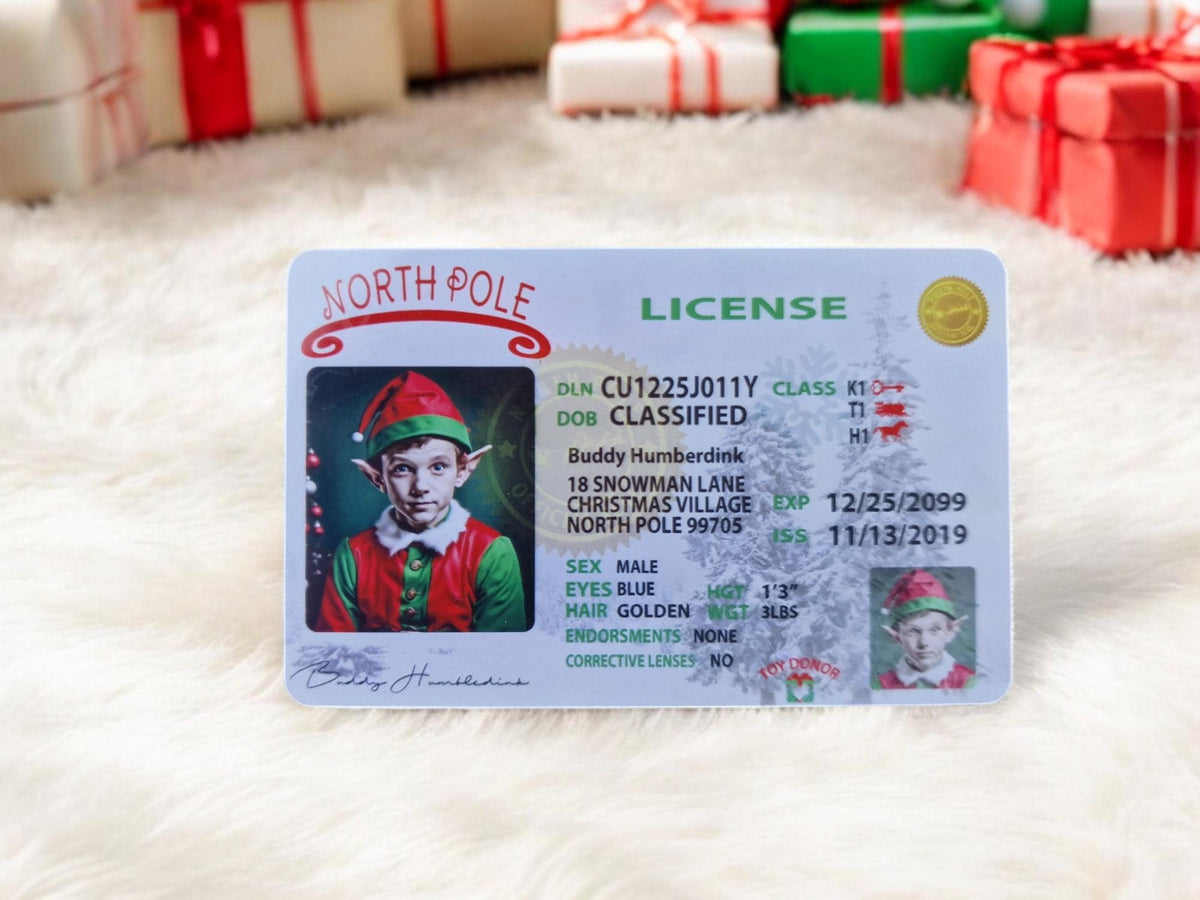 Santa's Elves lost ID Card Driving Licence- Personalised - great stocking filler - children's surprise - button - keepsake - first Christmas