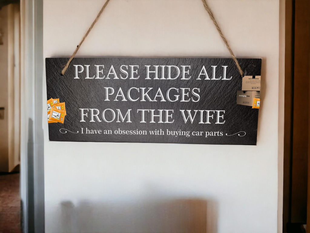 Personalised Parcel Sign decoration - Printed onto high quality Welsh slate - Fun home gift - House warming - Your wording - Amazon - Plaque