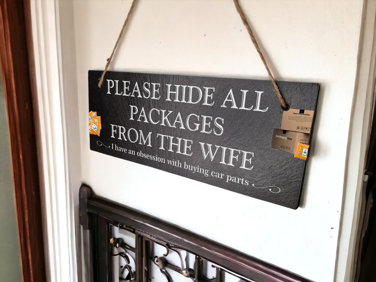 Personalised Parcel Sign decoration - Printed onto high quality Welsh slate - Fun home gift - House warming - Your wording - Amazon - Plaque