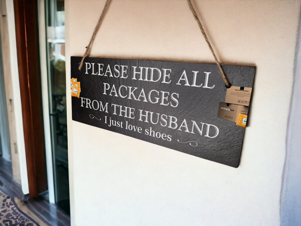 Personalised Parcel Sign decoration - Printed onto high quality Welsh slate - Fun home gift - House warming - Your wording - Amazon - Plaque