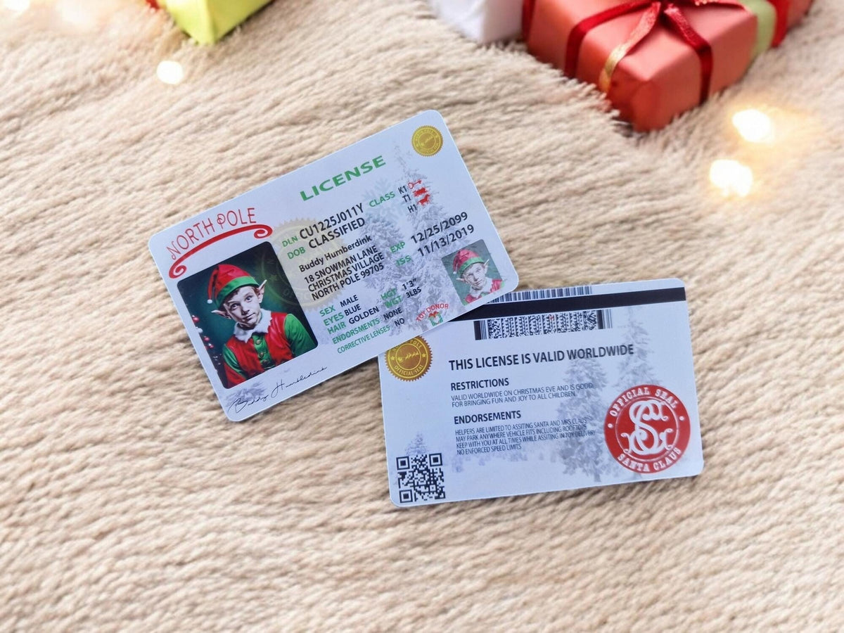 Santa's Elves lost ID Card Driving Licence- Personalised - great stocking filler - children's surprise - button - keepsake - first Christmas