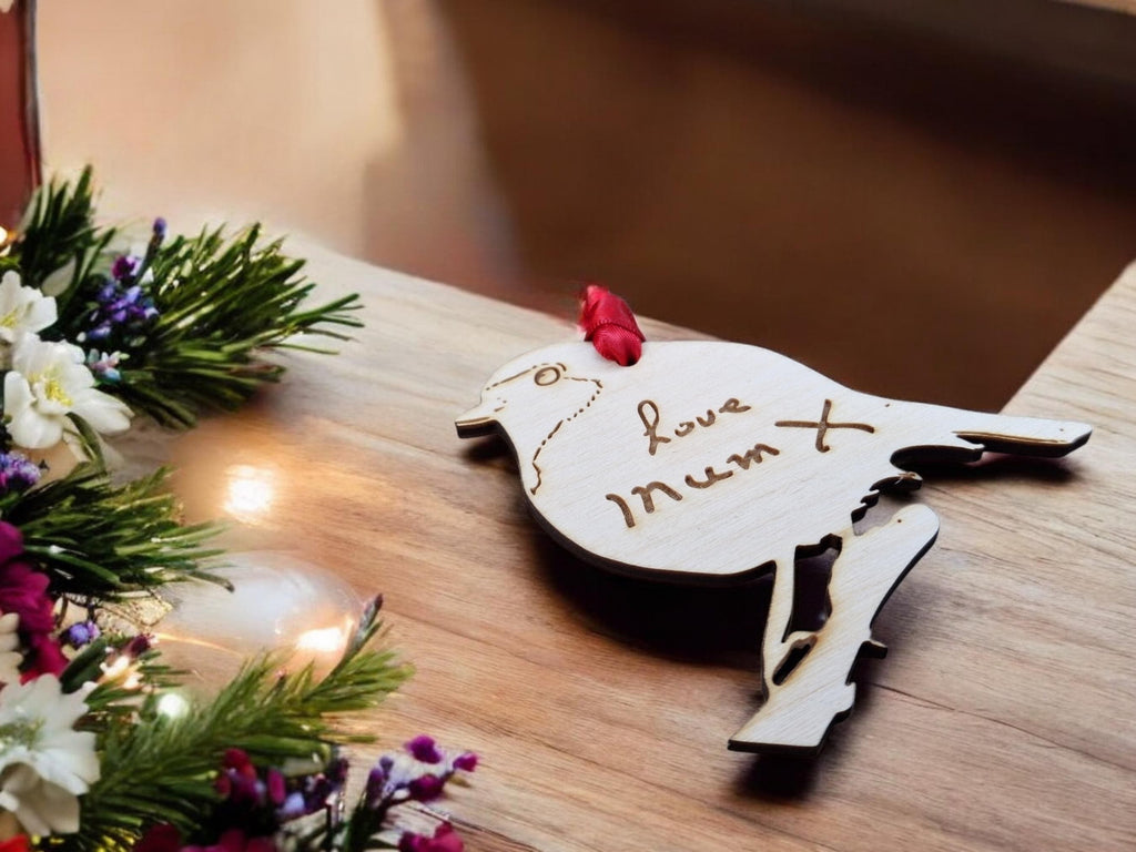 Hand written text onto a Robin bauble - Memorial - Remembrance - Anniversary - Death - Keepsake - Christmas gift - Present - Funeral - Cute