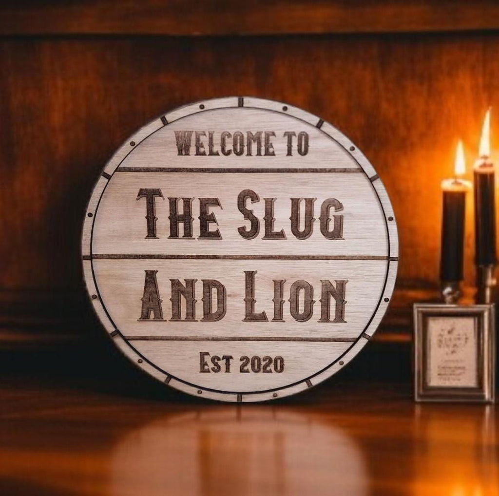 Personalised Barrel end Bar Sign - Gift - Decoration - Plaque - Mancave - Gift - Present - Garden - Workshop - Home Bar - Novelty - Wine