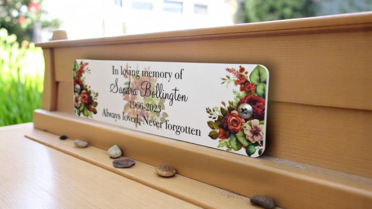 Personalised Floral Memorial Bench Plaque - Anniversary - Garden - Tree - Commemoration - Urn - Casket - Grave marker - Indoor - Outdoor