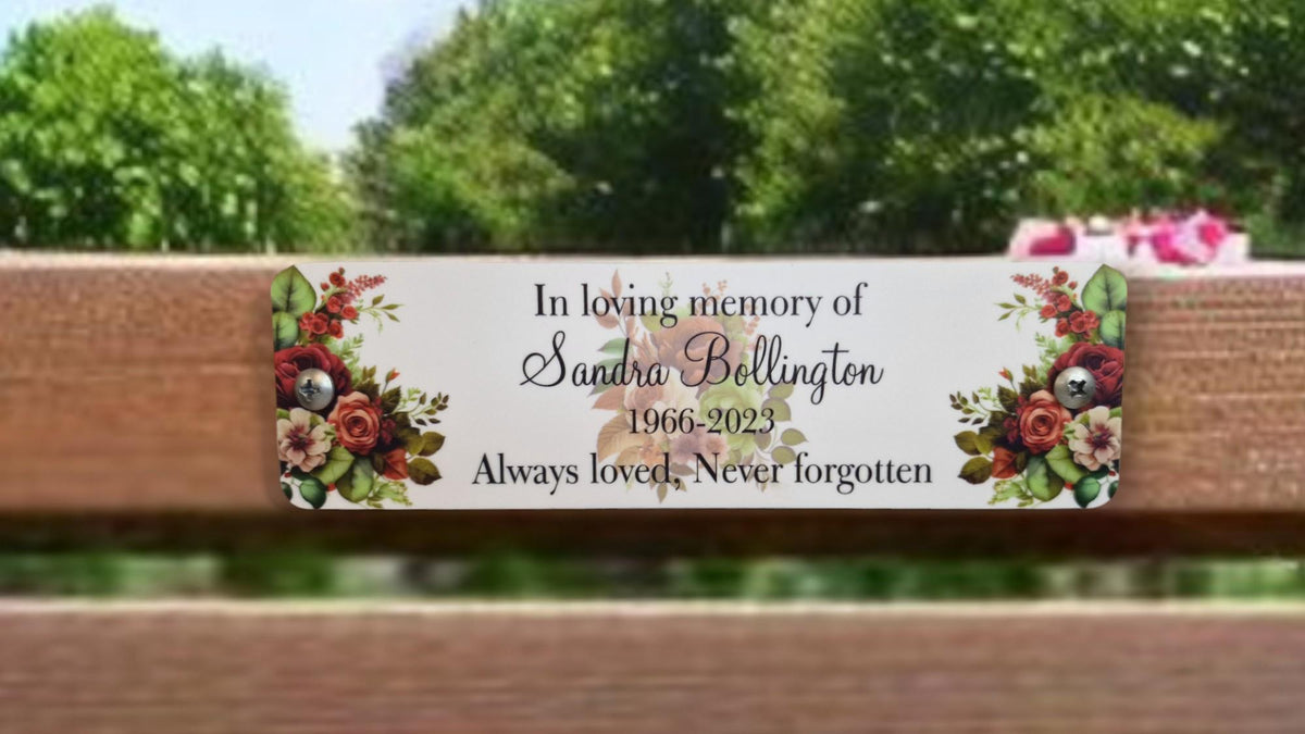 Personalised Floral Memorial Bench Plaque - Anniversary - Garden - Tree - Commemoration - Urn - Casket - Grave marker - Indoor - Outdoor