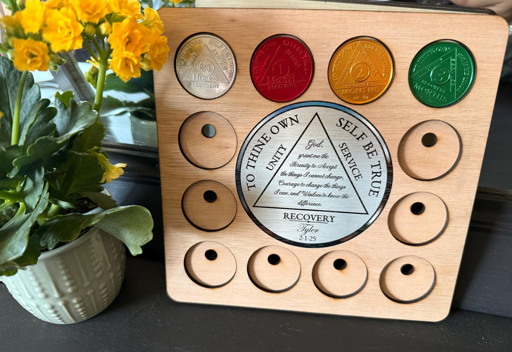 Personalised Recovery Token Display - Chips - Narcotics Alcohol Anonymous Recovery Chip Holder - AA display - Holder - Serenity prayer - NA