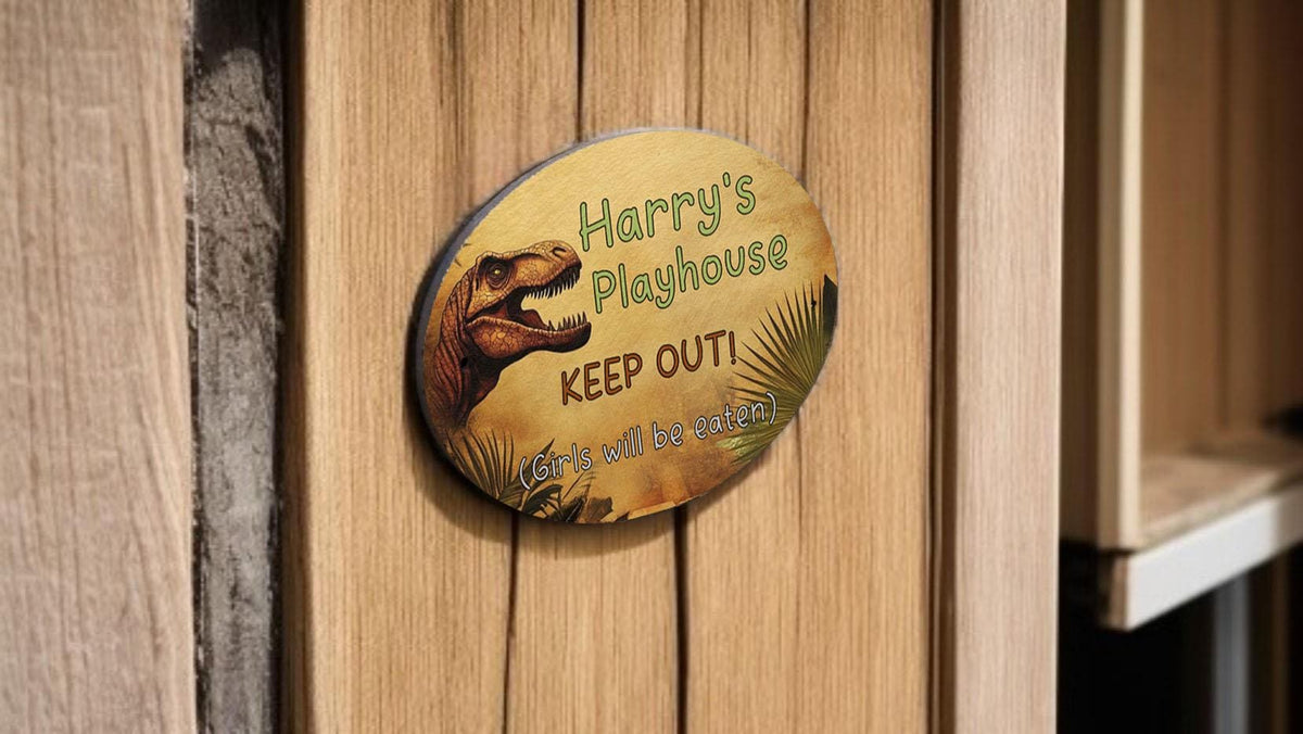 Personalised Dinosaur play house name - number plaque - Welsh slate - Indoor - Outdoor - Garden - Caravan - Wendy house - Display - Gift -