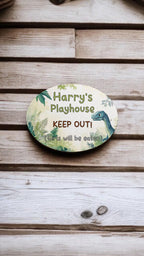 Personalised Dinosaur play house name - number plaque - Welsh slate - Indoor - Outdoor - Garden - Caravan - Wendy house - Display - Gift -