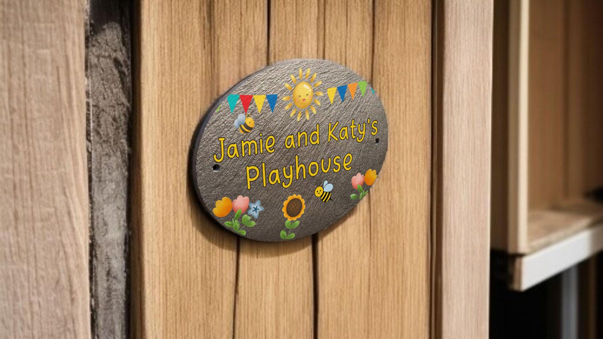 Personalised play house name - number plaque - Welsh slate - Indoor - Outdoor - Garden - Caravan - Wendy house - Display - Gift - Busy Bee