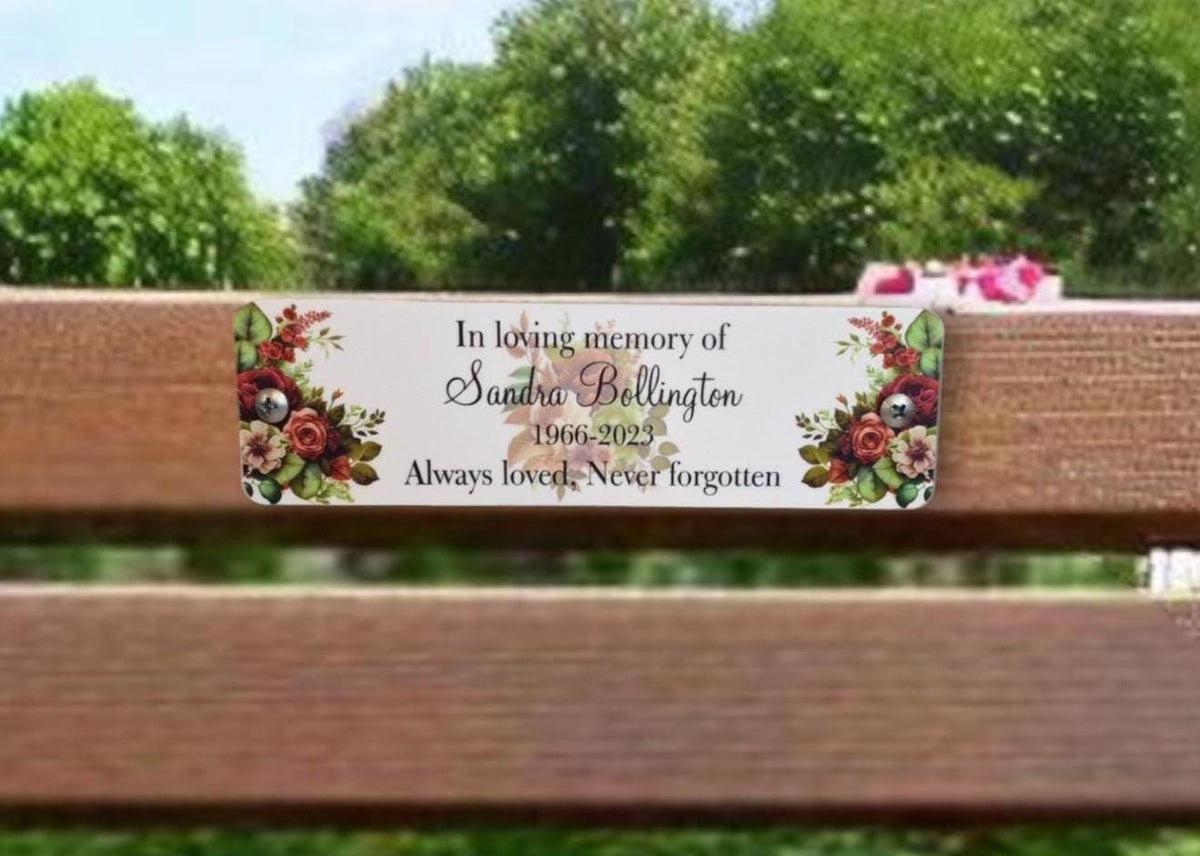 Personalised Floral Memorial Bench Plaque - Anniversary - Garden - Tree - Commemoration - Urn - Casket - Grave marker - Indoor - Outdoor