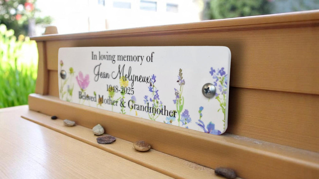 Personalised Floral Memorial Bench Plaque - Anniversary - Garden - Tree - Commemoration - Urn - Casket - Grave marker - Indoor - Outdoor
